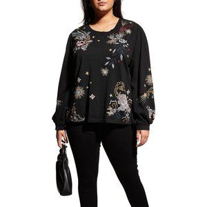 Johnny Was Selah Cuffed Puff Long Sleeve Tee Black Crew Floral Shirt Top NEW